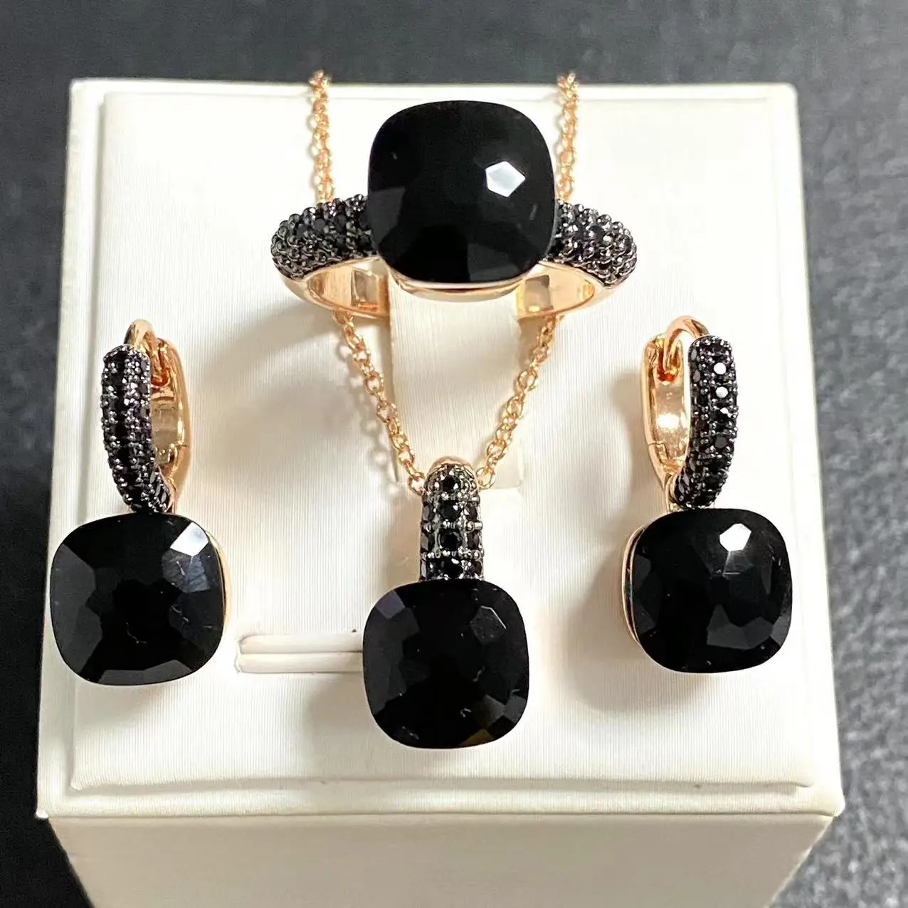 3Pcs/Set Women Ring Earrings Necklace Jewelry Set Inlay Black Zircon Gun Black Plated Crystal Jewelry Set Jewelry Gift
