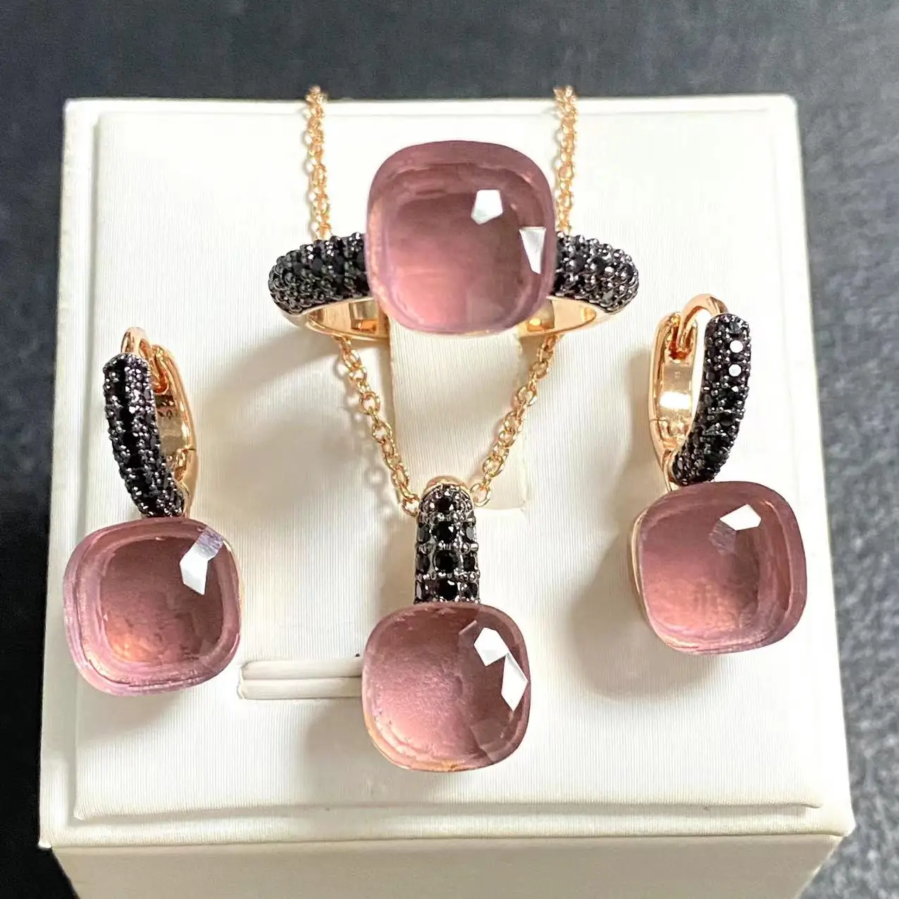 3Pcs/Set Women Ring Earrings Necklace Jewelry Set Inlay Black Zircon Gun Black Plated Crystal Jewelry Set Jewelry Gift