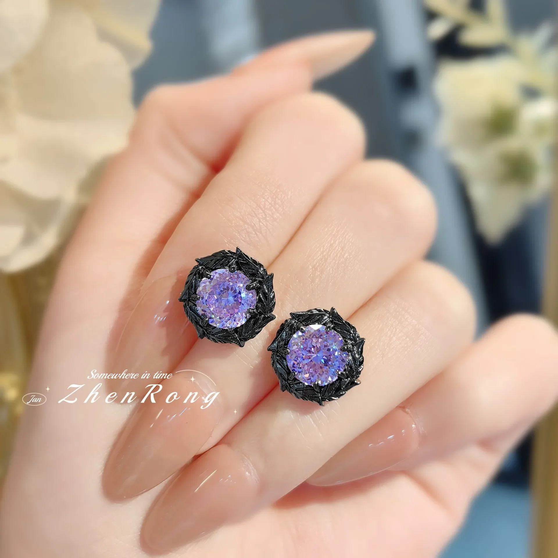 925 Sterling Silver Jewelry Set Ring Earrings Necklace Light Luxury Rose Purple High Carbon Diamond Morganite Treasure