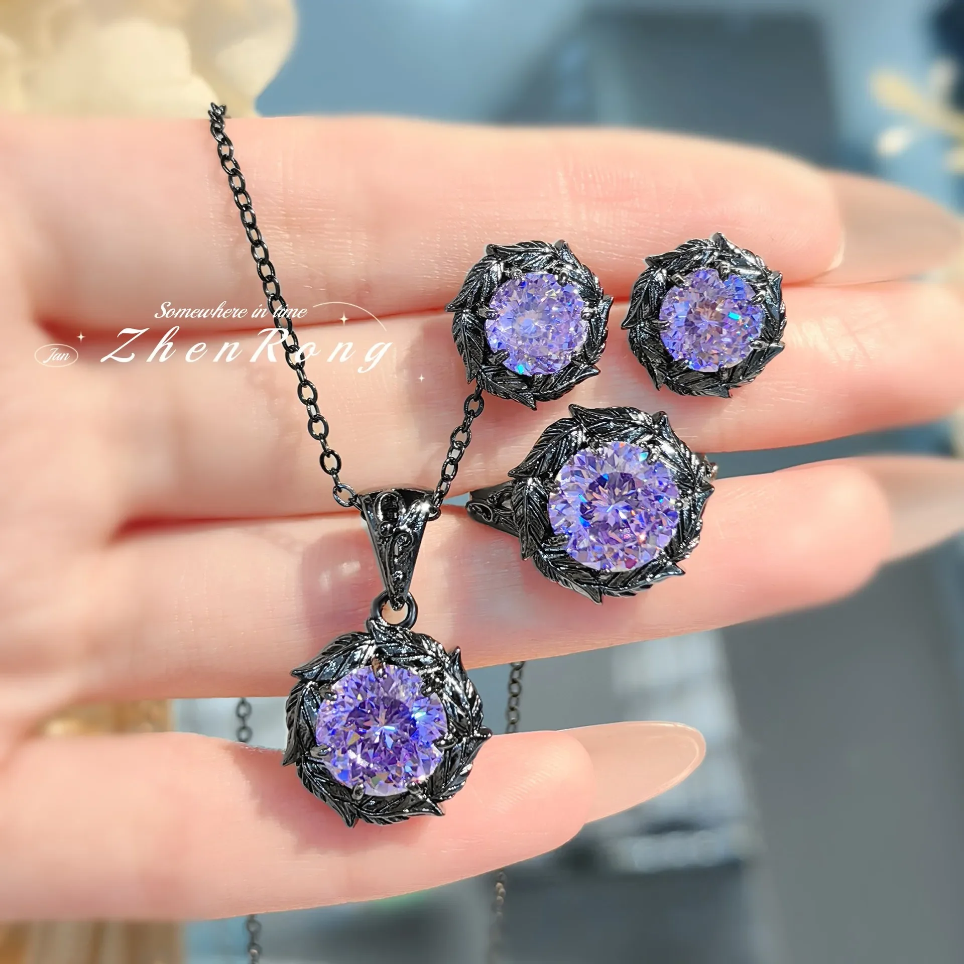 925 Sterling Silver Jewelry Set Ring Earrings Necklace Light Luxury Rose Purple High Carbon Diamond Morganite Treasure