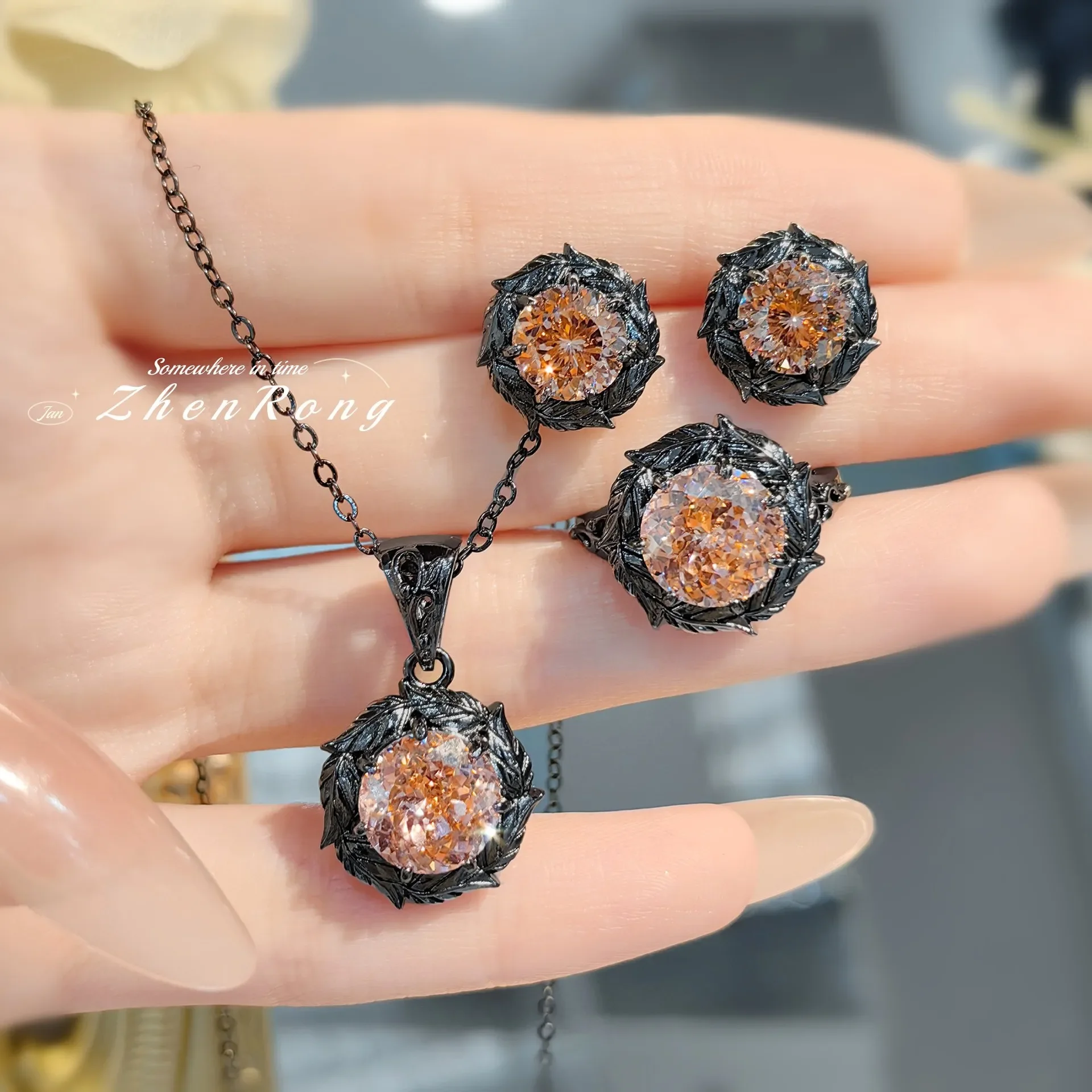 925 Sterling Silver Jewelry Set Ring Earrings Necklace Light Luxury Rose Purple High Carbon Diamond Morganite Treasure