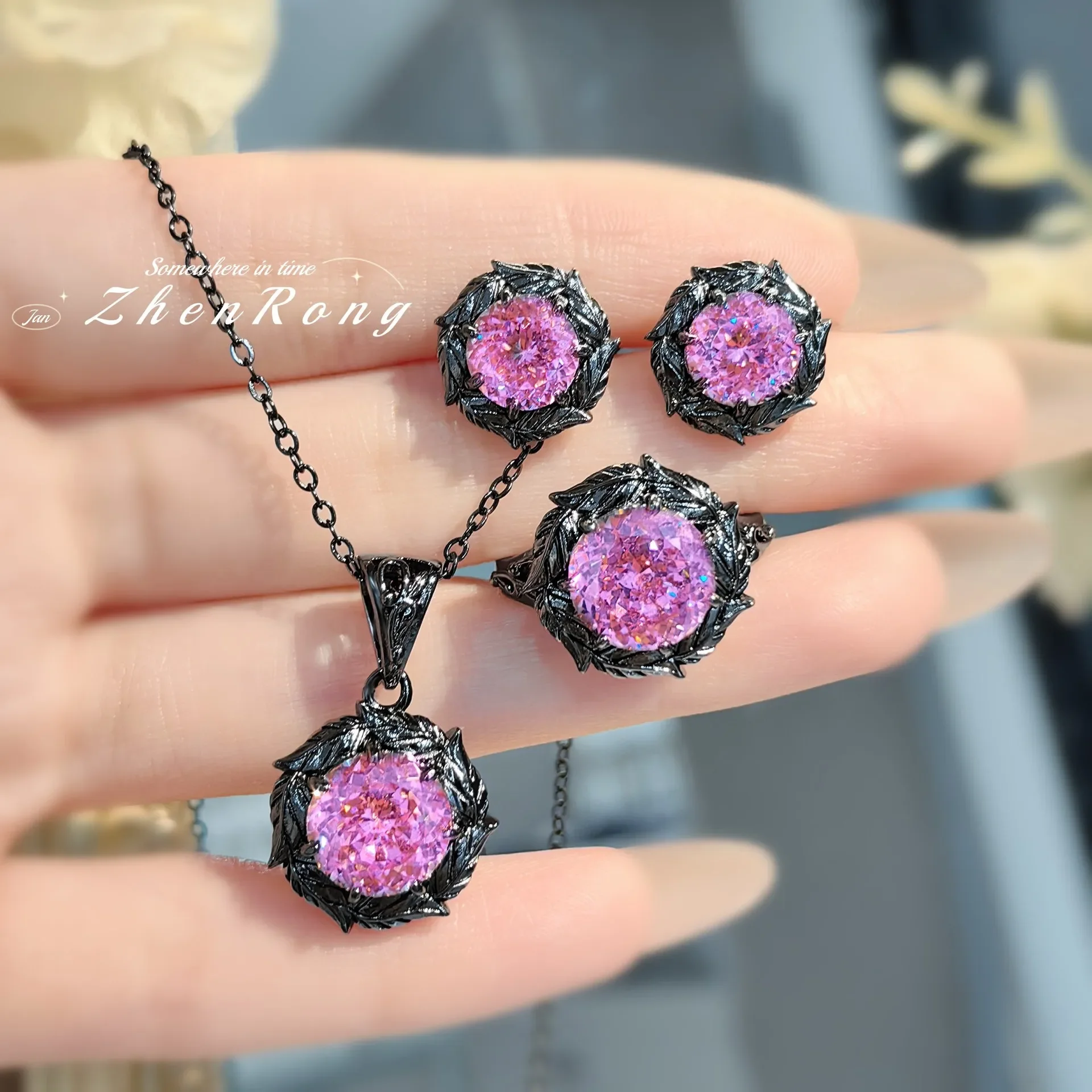 925 Sterling Silver Jewelry Set Ring Earrings Necklace Light Luxury Rose Purple High Carbon Diamond Morganite Treasure