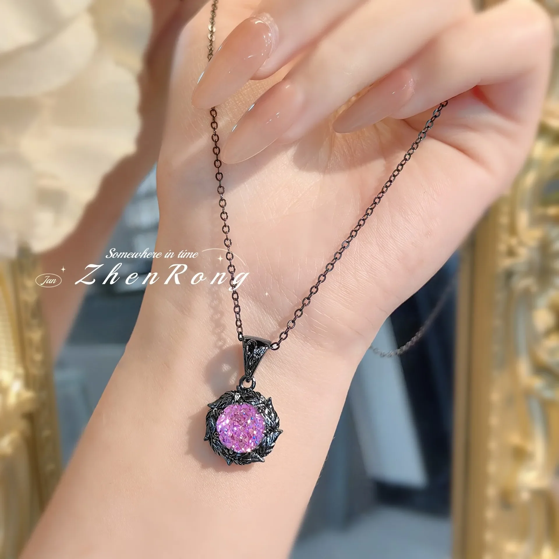 925 Sterling Silver Jewelry Set Ring Earrings Necklace Light Luxury Rose Purple High Carbon Diamond Morganite Treasure