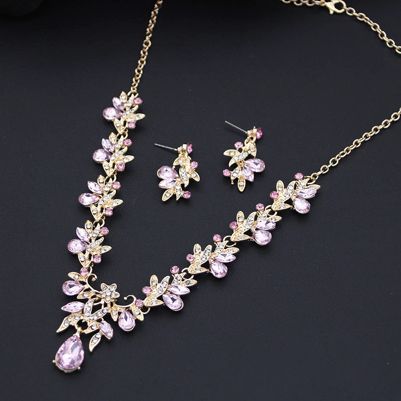 Princess Pink Crown Jewelry Sets for Women Tiaras and Necklace Earrings Party Prom Wedding Jewelry Set Birthday Accessory