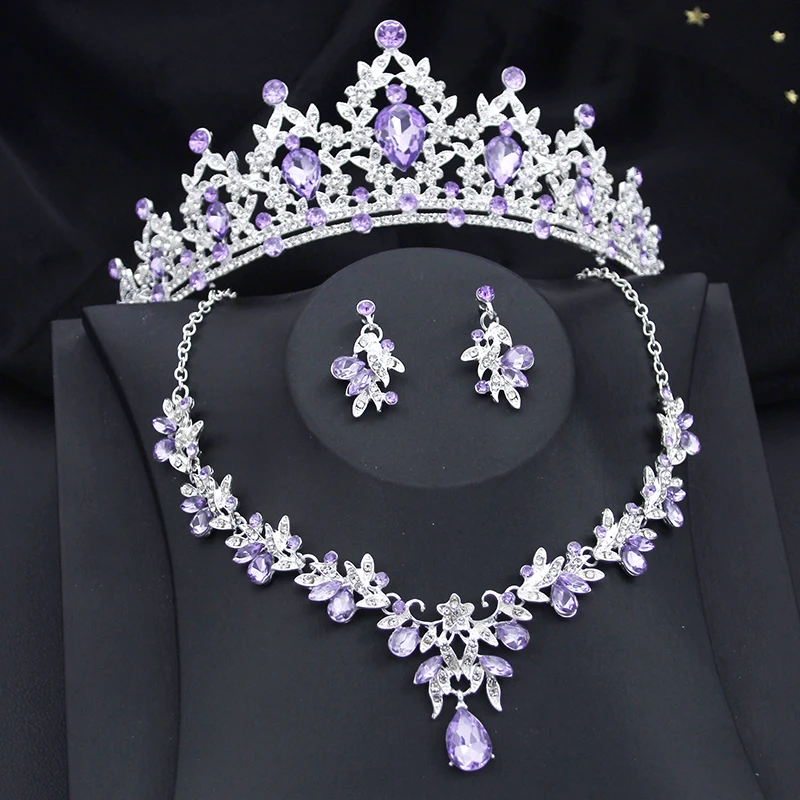 Princess Pink Crown Jewelry Sets for Women Tiaras and Necklace Earrings Party Prom Wedding Jewelry Set Birthday Accessory