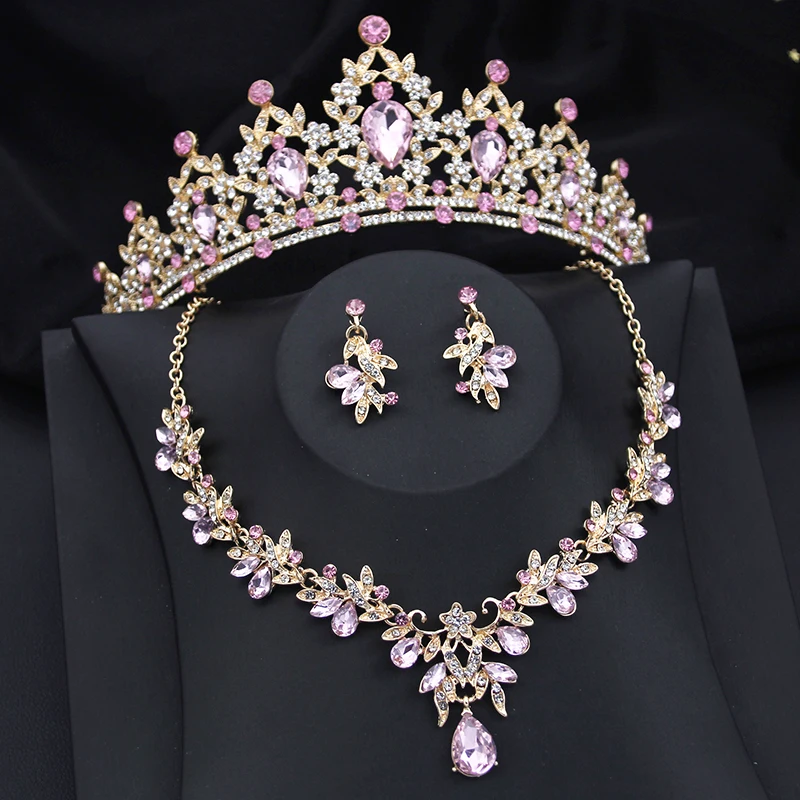 Princess Pink Crown Jewelry Sets for Women Tiaras and Necklace Earrings Party Prom Wedding Jewelry Set Birthday Accessory