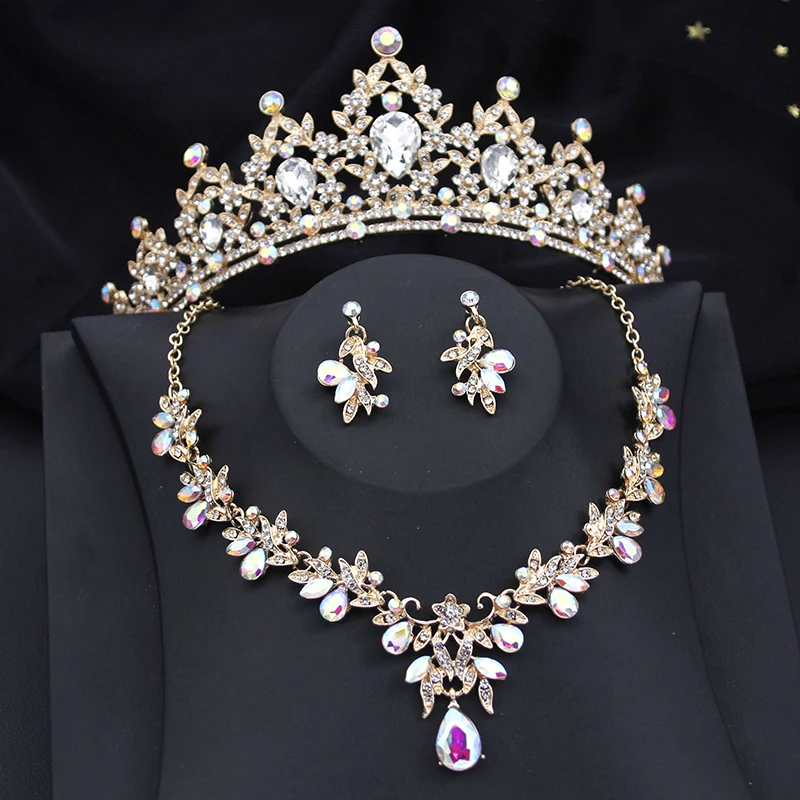 Princess Pink Crown Jewelry Sets for Women Tiaras and Necklace Earrings Party Prom Wedding Jewelry Set Birthday Accessory