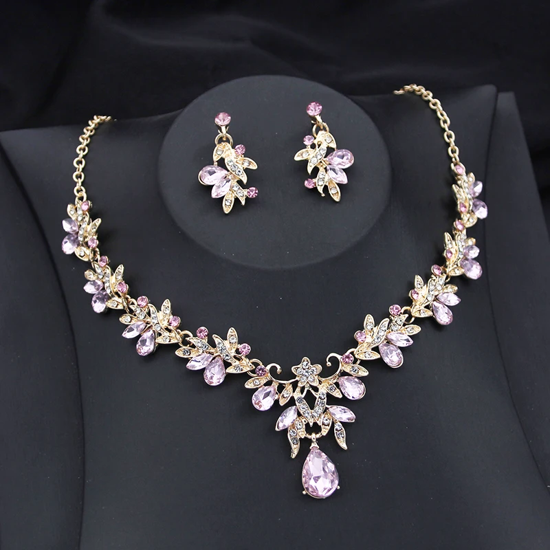 Princess Pink Crown Jewelry Sets for Women Tiaras and Necklace Earrings Party Prom Wedding Jewelry Set Birthday Accessory