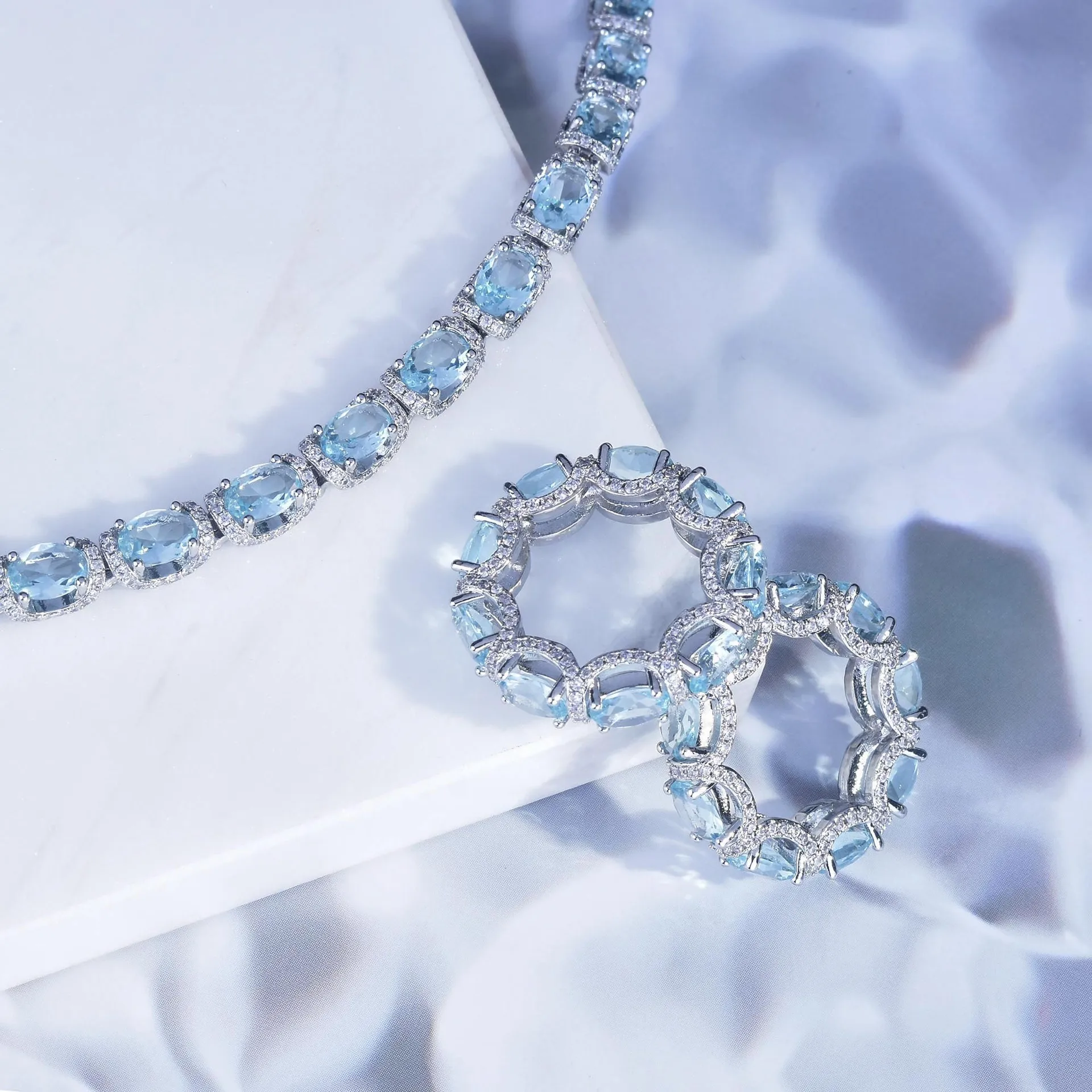 Fashion Jewelry Set for Women Round Aquamarine Bracelet Ring Sets Zircon Bridal Decoration Accessory Banquet Luxury Chain Gifts