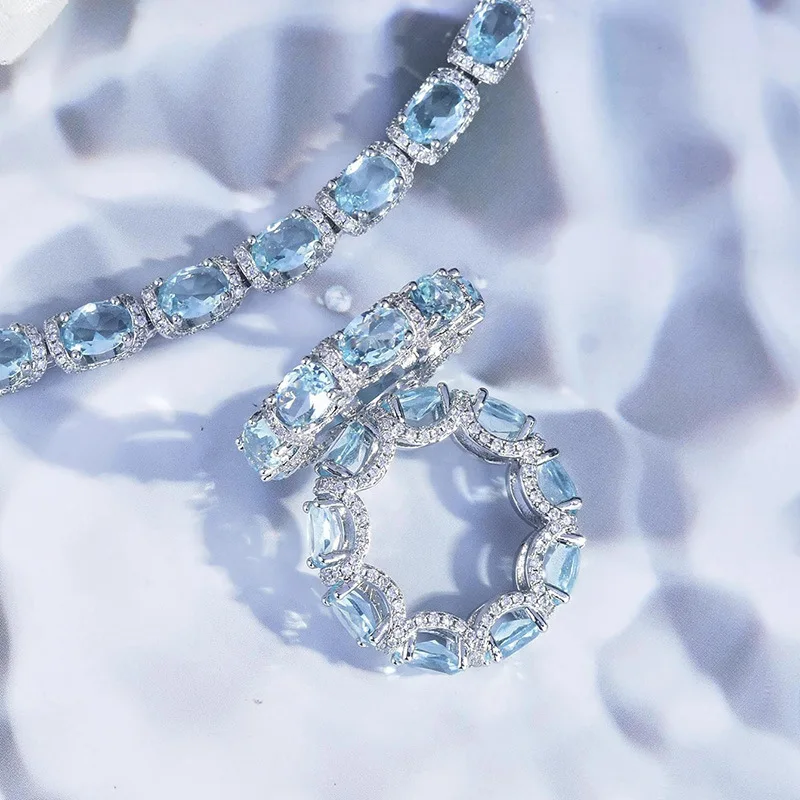 Fashion Jewelry Set for Women Round Aquamarine Bracelet Ring Sets Zircon Bridal Decoration Accessory Banquet Luxury Chain Gifts Fashion Jewelry Set for Women Round Aquamarine Bracelet Ring Sets Zircon Bridal Decoration Accessory Banquet Luxury Chain Gifts