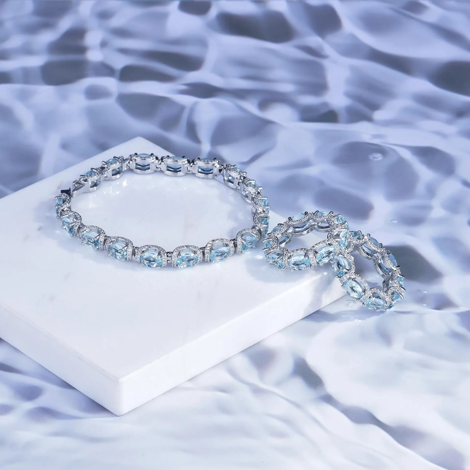 Fashion Jewelry Set for Women Round Aquamarine Bracelet Ring Sets Zircon Bridal Decoration Accessory Banquet Luxury Chain Gifts