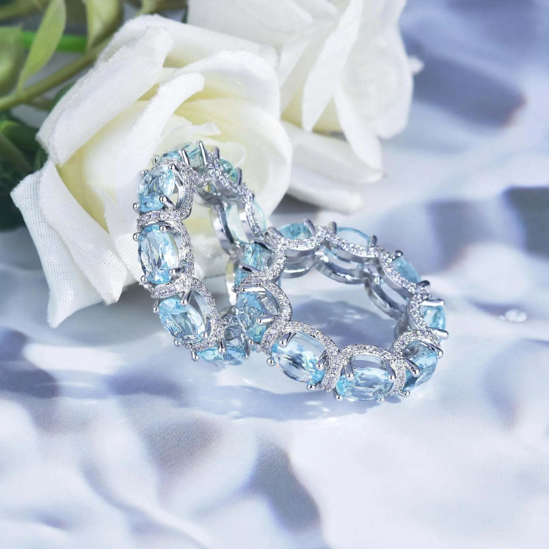 Fashion Jewelry Set for Women Round Aquamarine Bracelet Ring Sets Zircon Bridal Decoration Accessory Banquet Luxury Chain Gifts