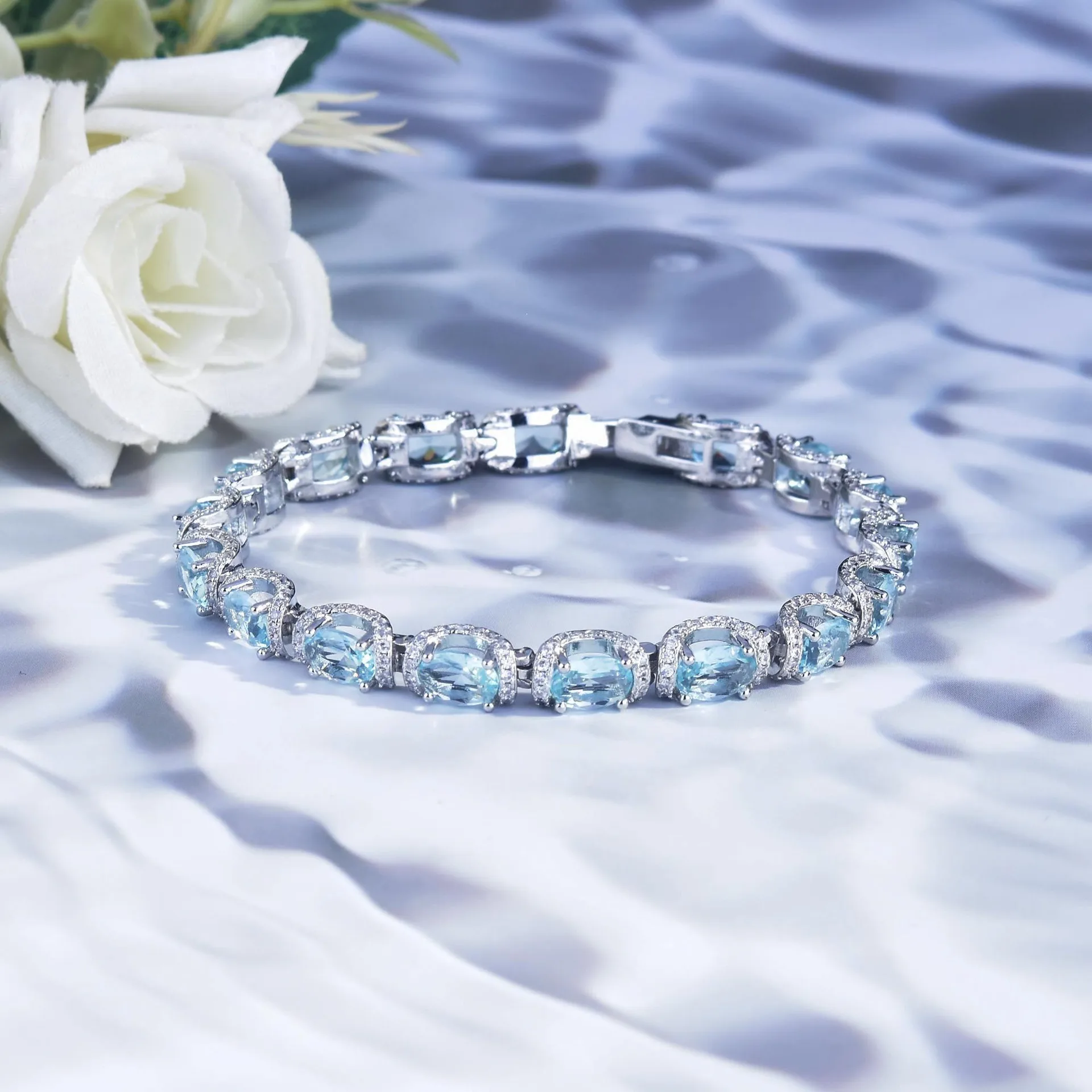 Fashion Jewelry Set for Women Round Aquamarine Bracelet Ring Sets Zircon Bridal Decoration Accessory Banquet Luxury Chain Gifts Fashion Jewelry Set for Women Round Aquamarine Bracelet Ring Sets Zircon Bridal Decoration Accessory Banquet Luxury Chain Gifts