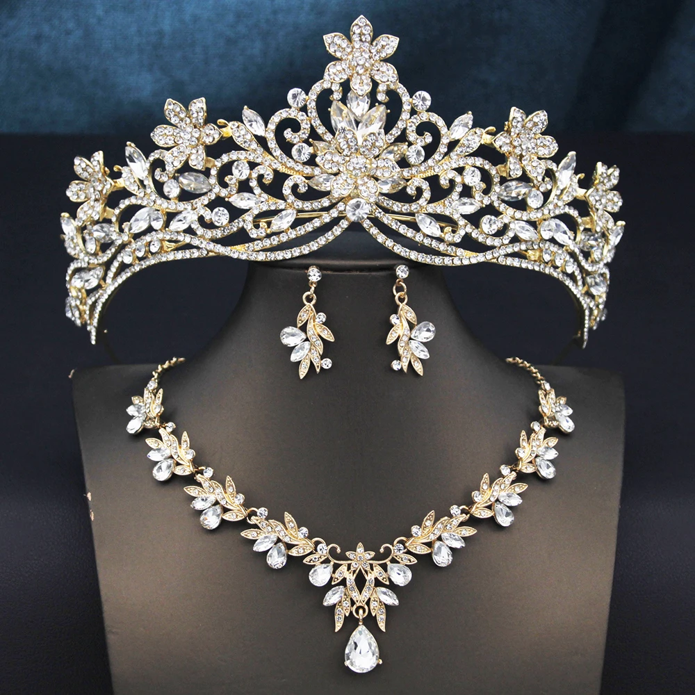 Princess Wedding Tiaras Bride Jewelry Sets for Women 3 Pcs Necklace Earrings and Crown Bridal Sets Costume Accessories