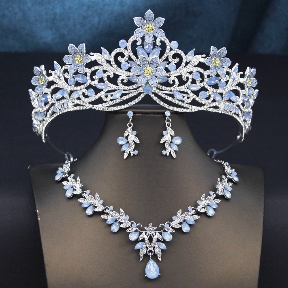 Princess Wedding Tiaras Bride Jewelry Sets for Women 3 Pcs Necklace Earrings and Crown Bridal Sets Costume Accessories