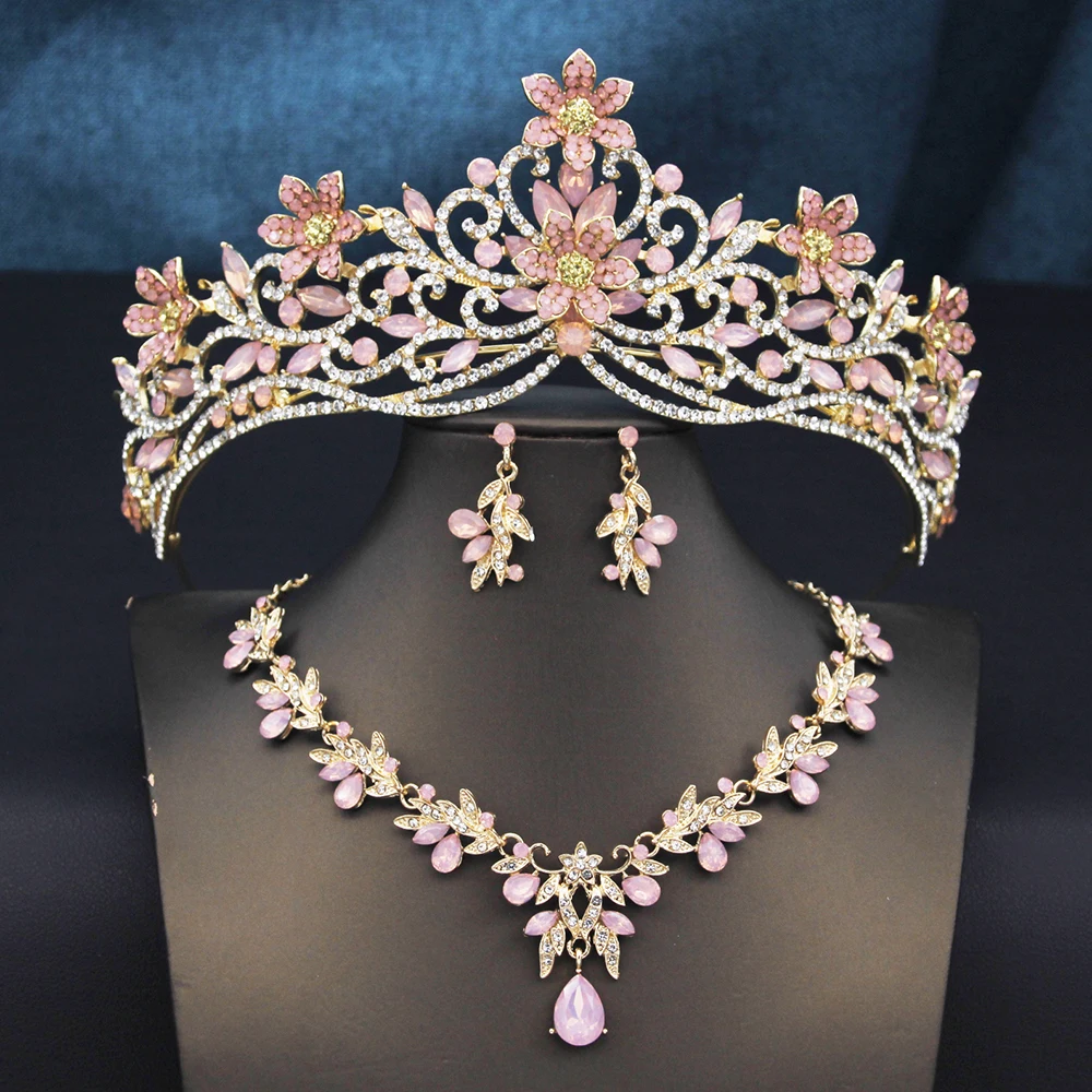 Princess Wedding Tiaras Bride Jewelry Sets for Women 3 Pcs Necklace Earrings and Crown Bridal Sets Costume Accessories