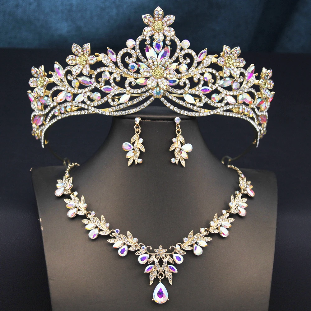 Princess Wedding Tiaras Bride Jewelry Sets for Women 3 Pcs Necklace Earrings and Crown Bridal Sets Costume Accessories