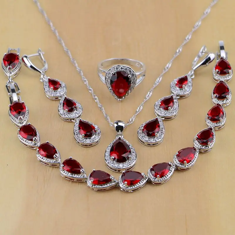 Water Drop Silver 925 Jewelry Red Ruby White Topaz Jewelry Sets Women Long Earrings/Pendant/Necklace/Rings/Bracelet Dropshipping