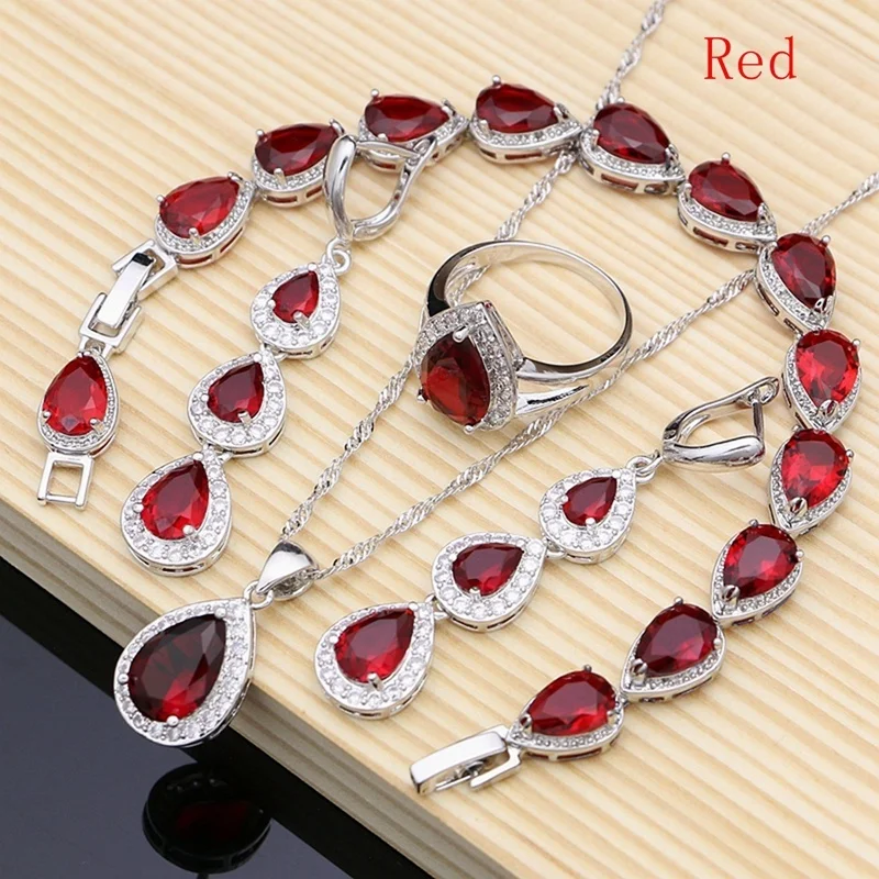 Water Drop Silver 925 Jewelry Red Ruby White Topaz Jewelry Sets Women Long Earrings/Pendant/Necklace/Rings/Bracelet Dropshipping Water Drop Silver 925 Jewelry Red Ruby White Topaz Jewelry Sets Women Long Earrings/Pendant/Necklace/Rings/Bracelet Dropshipping