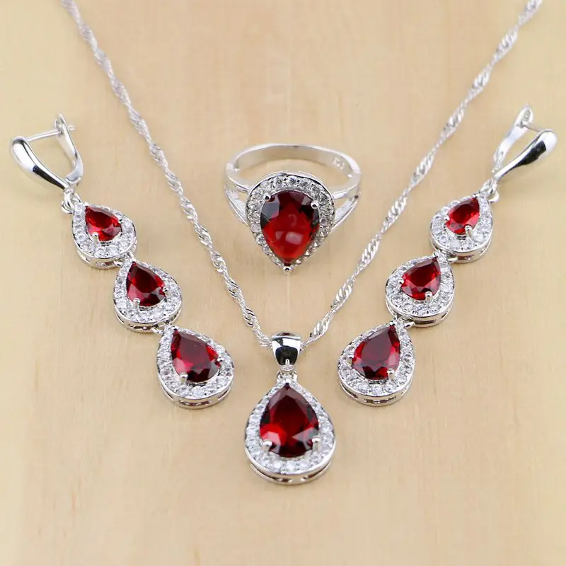 Water Drop Silver 925 Jewelry Red Ruby White Topaz Jewelry Sets Women Long Earrings/Pendant/Necklace/Rings/Bracelet Dropshipping