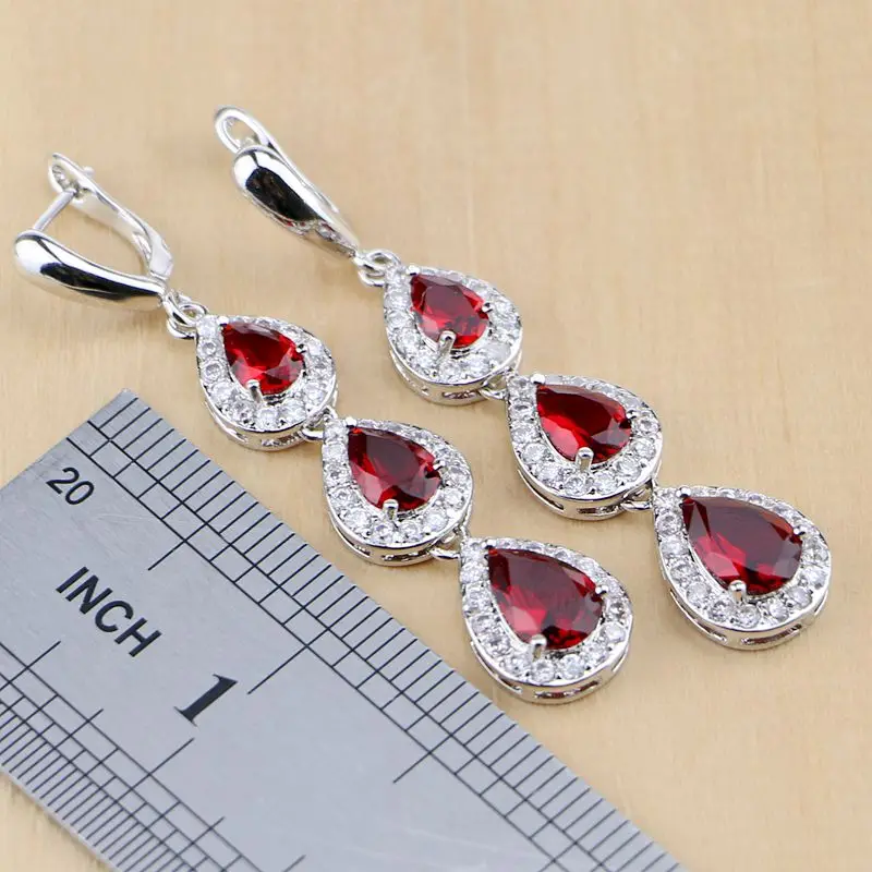 Water Drop Silver 925 Jewelry Red Ruby White Topaz Jewelry Sets Women Long Earrings/Pendant/Necklace/Rings/Bracelet Dropshipping Water Drop Silver 925 Jewelry Red Ruby White Topaz Jewelry Sets Women Long Earrings/Pendant/Necklace/Rings/Bracelet Dropshipping