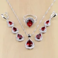 Water Drop Silver 925 Jewelry Red Ruby White Topaz Jewelry Sets Women Long Earrings/Pendant/Necklace/Rings/Bracelet Dropshipping