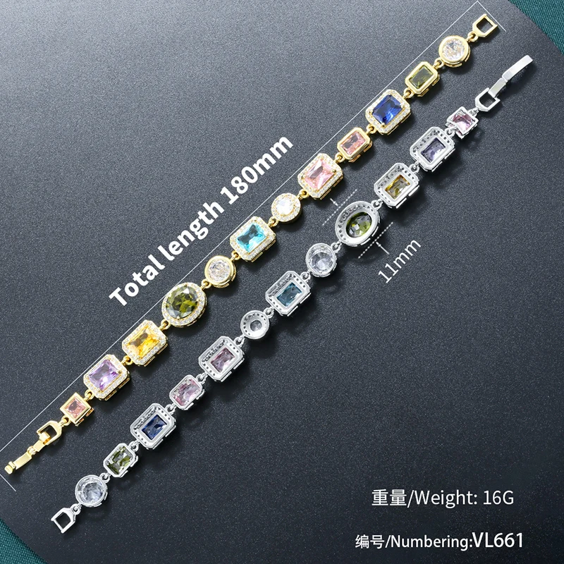 ZHUKOU 18K Golden Plated Spliced Colorful CZ Gemstone Bracelet Necklace With Hip Hop Style Unisex Couple Jewelry：VL561 VL562