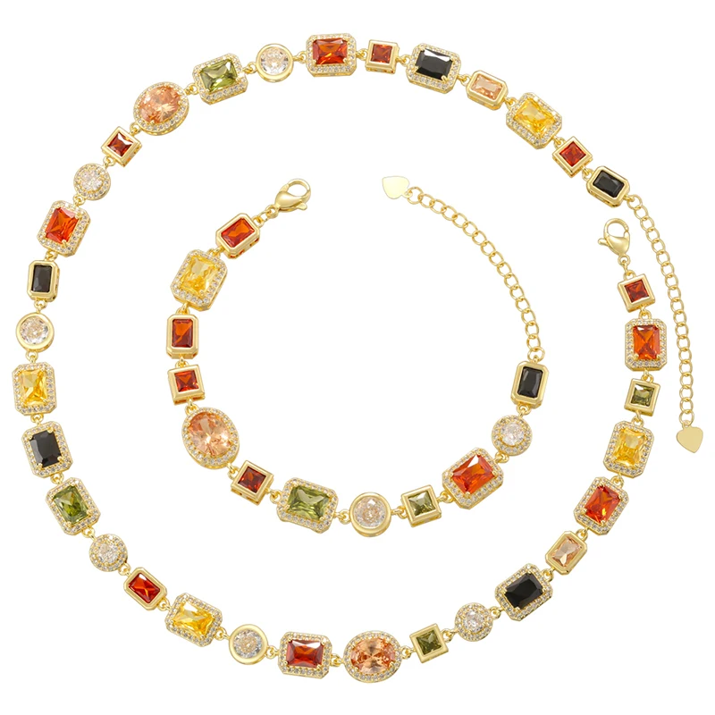 ZHUKOU 18K Golden Plated Spliced Colorful CZ Gemstone Bracelet Necklace With Hip Hop Style Unisex Couple Jewelry：VL561 VL562