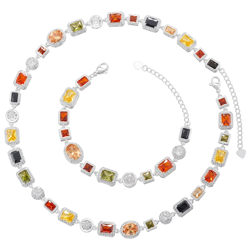 ZHUKOU 18K Golden Plated Spliced Colorful CZ Gemstone Bracelet Necklace With Hip Hop Style Unisex Couple Jewelry：VL561 VL562
