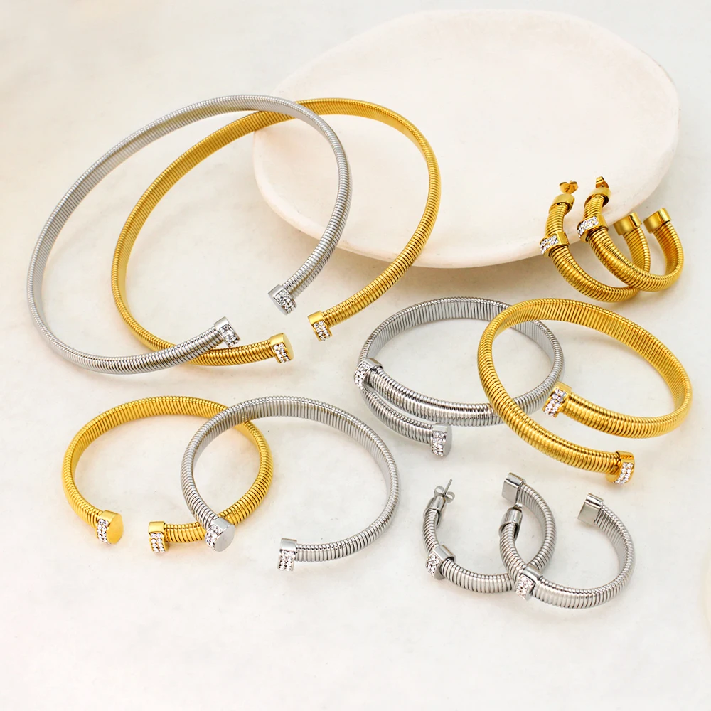 High Quality Cross Cuff Stainless Steel Jewelry Set Personalized Spiral Texture 18K Gold Plated Arm Neck Bijoux Waterproof High Quality Cross Cuff Stainless Steel Jewelry Set Personalized Spiral Texture 18K Gold Plated Arm Neck Bijoux Waterproof
