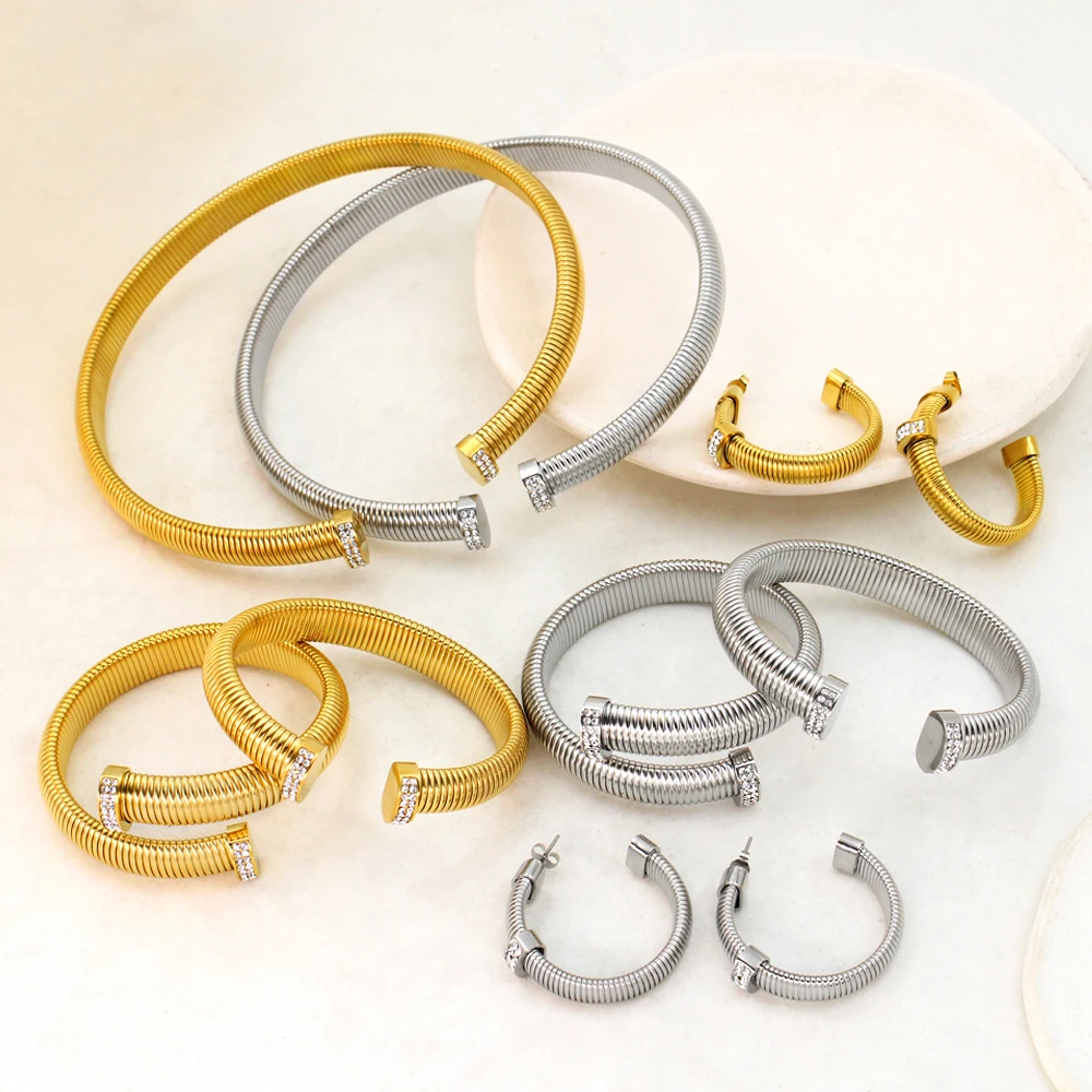 High Quality Cross Cuff Stainless Steel Jewelry Set Personalized Spiral Texture 18K Gold Plated Arm Neck Bijoux Waterproof High Quality Cross Cuff Stainless Steel Jewelry Set Personalized Spiral Texture 18K Gold Plated Arm Neck Bijoux Waterproof