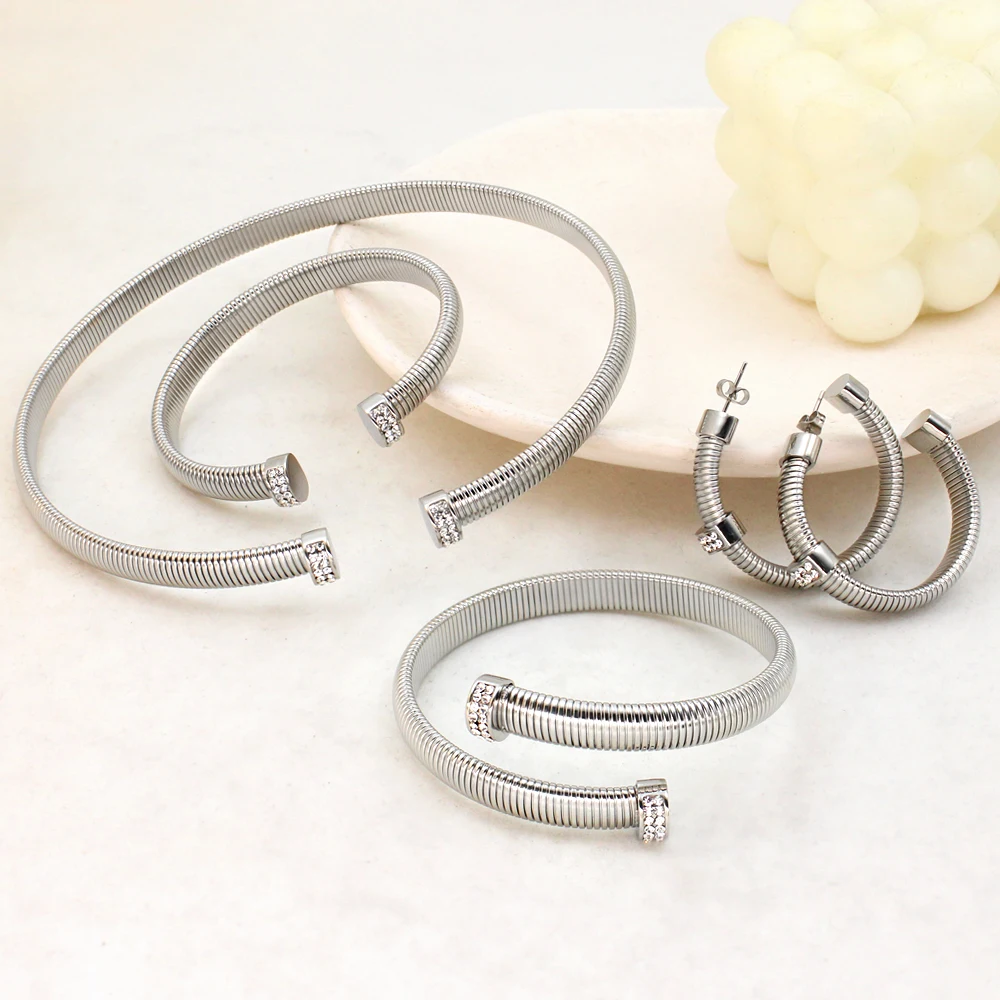 High Quality Cross Cuff Stainless Steel Jewelry Set Personalized Spiral Texture 18K Gold Plated Arm Neck Bijoux Waterproof
