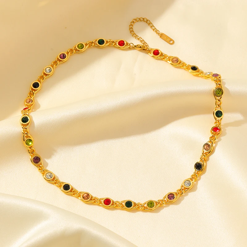 EILIECK 316L Stainless Steel Metal Colored Zircon Chain Necklace Bracelet Set For Women Fashion Statement Waterproof Jewelry