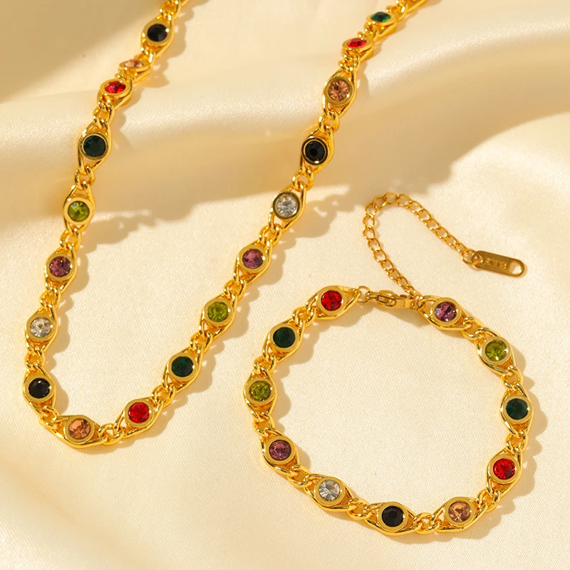 EILIECK 316L Stainless Steel Metal Colored Zircon Chain Necklace Bracelet Set For Women Fashion Statement Waterproof Jewelry