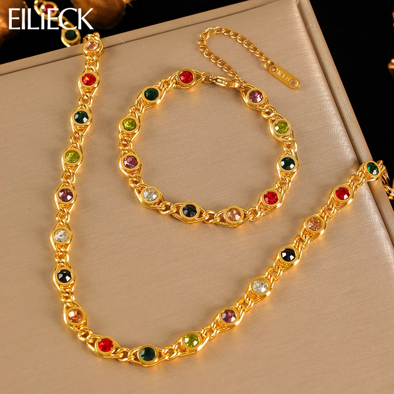 EILIECK 316L Stainless Steel Metal Colored Zircon Chain Necklace Bracelet Set For Women Fashion Statement Waterproof Jewelry EILIECK 316L Stainless Steel Metal Colored Zircon Chain Necklace Bracelet Set For Women Fashion Statement Waterproof Jewelry