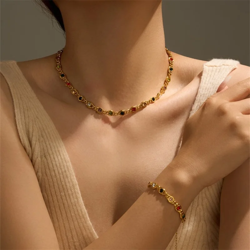 EILIECK 316L Stainless Steel Metal Colored Zircon Chain Necklace Bracelet Set For Women Fashion Statement Waterproof Jewelry