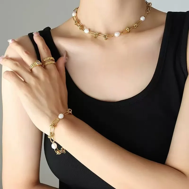 EILIECK 316L Stainless Steel Metal Colored Zircon Chain Necklace Bracelet Set For Women Fashion Statement Waterproof Jewelry