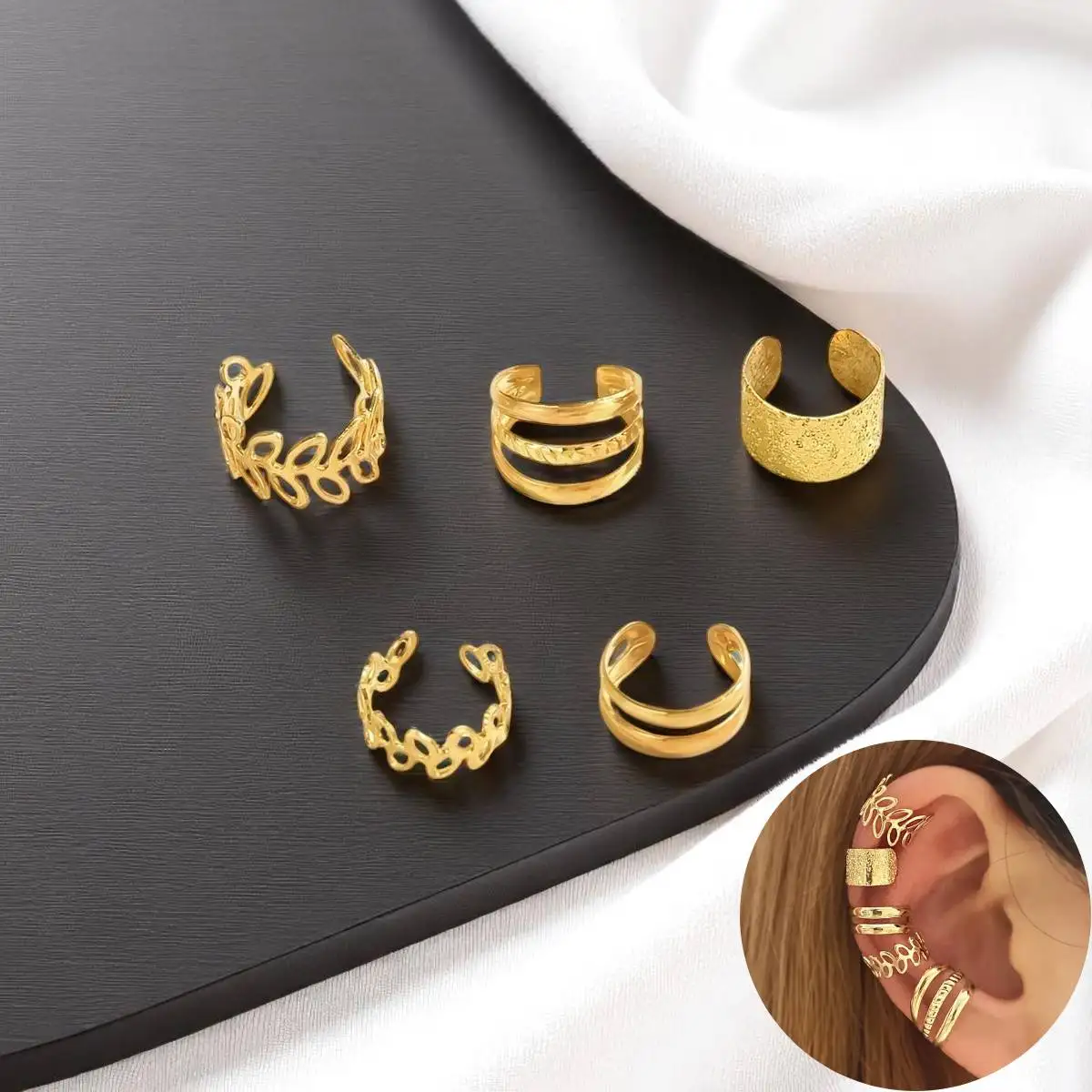 5pcs/set Trendy Elegant Design Ear Cuff Classic Elegant Style Gifts Women’s No Piercing Clip Silver Earrings Circle Leaf Shaped 5pcs/set Trendy Elegant Design Ear Cuff Classic Elegant Style Gifts Women's No Piercing Clip Silver Earrings Circle Leaf Shaped