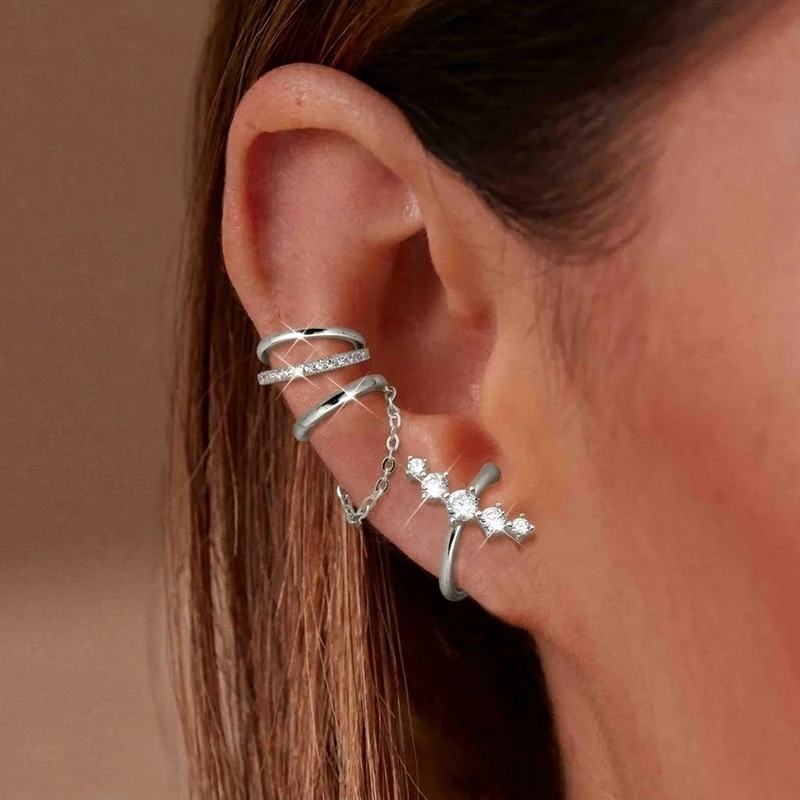 5pcs/set Trendy Elegant Design Ear Cuff Classic Elegant Style Gifts Women's No Piercing Clip Silver Earrings Circle Leaf Shaped 5pcs/set Trendy Elegant Design Ear Cuff Classic Elegant Style Gifts Women's No Piercing Clip Silver Earrings Circle Leaf Shaped