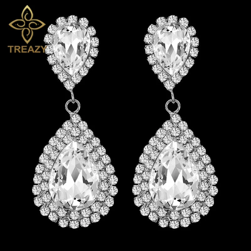 TREAZY NEW Simple Bridal Drop Earrings Silver color Crystal tassels long Earrings for Women Party Jewelry Femme Pendiente
