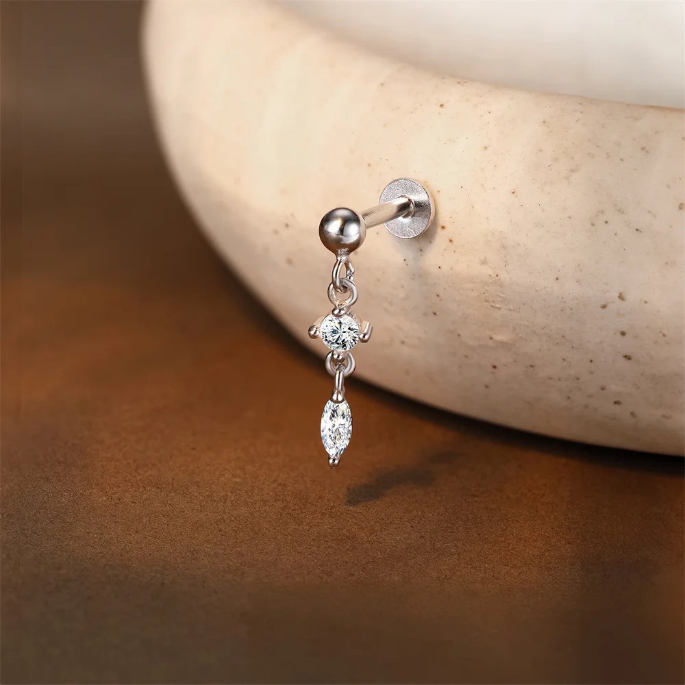 CANNER 925 Sterling Silver Rivet  Zircon Flat Head Ear Bone Piercing For Women Geometric Horse Eyes Party Jewelry Birthday Gifts