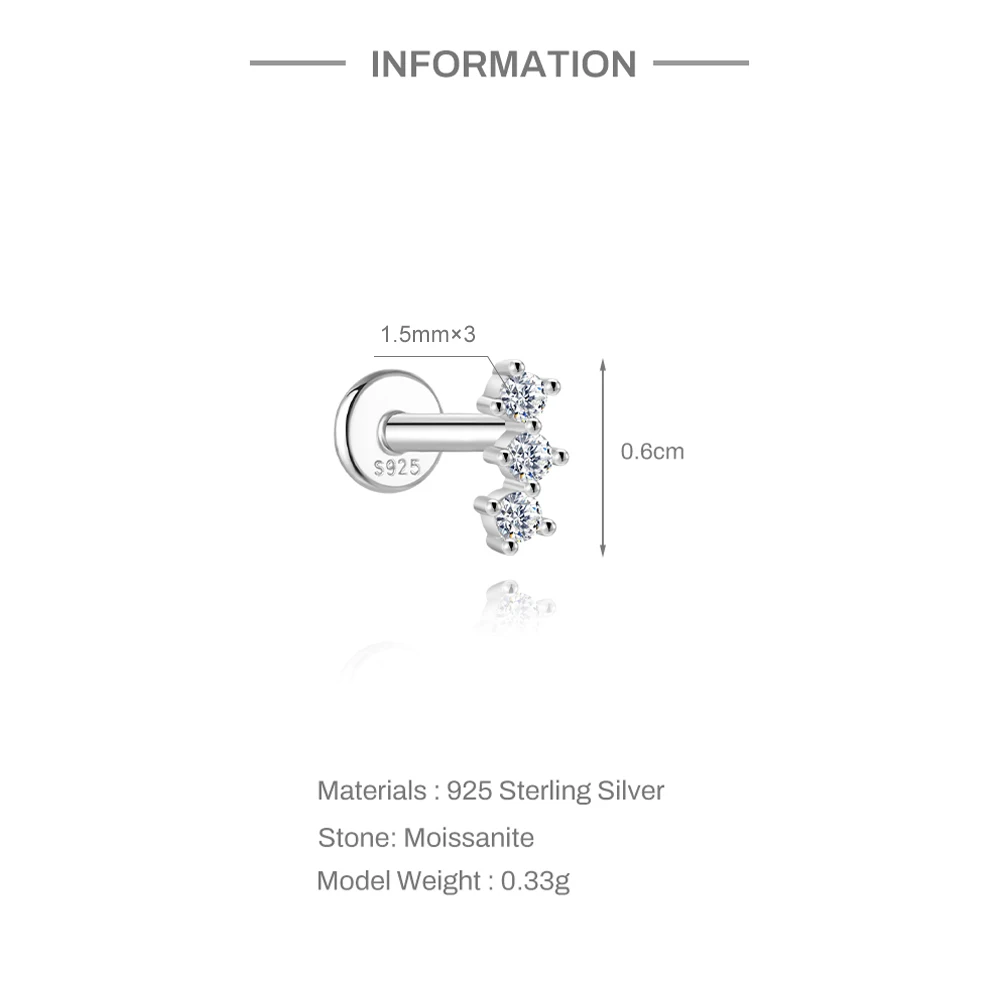 CANNER 925 Sterling Silver Rivet  Zircon Flat Head Ear Bone Piercing For Women Geometric Horse Eyes Party Jewelry Birthday Gifts