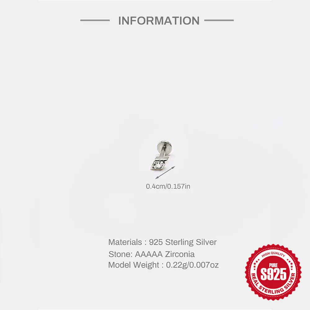 CANNER 925 Sterling Silver Rivet  Zircon Flat Head Ear Bone Piercing For Women Geometric Horse Eyes Party Jewelry Birthday Gifts