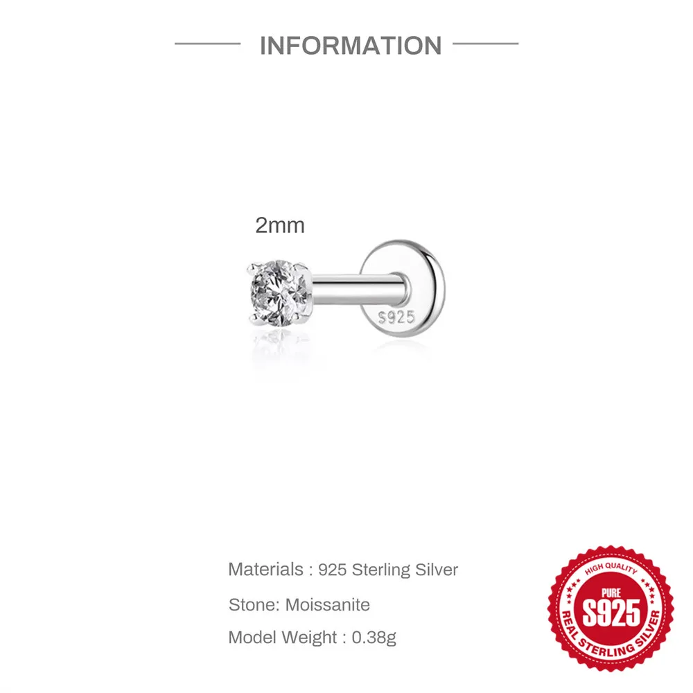 CANNER 925 Sterling Silver Rivet  Zircon Flat Head Ear Bone Piercing For Women Geometric Horse Eyes Party Jewelry Birthday Gifts