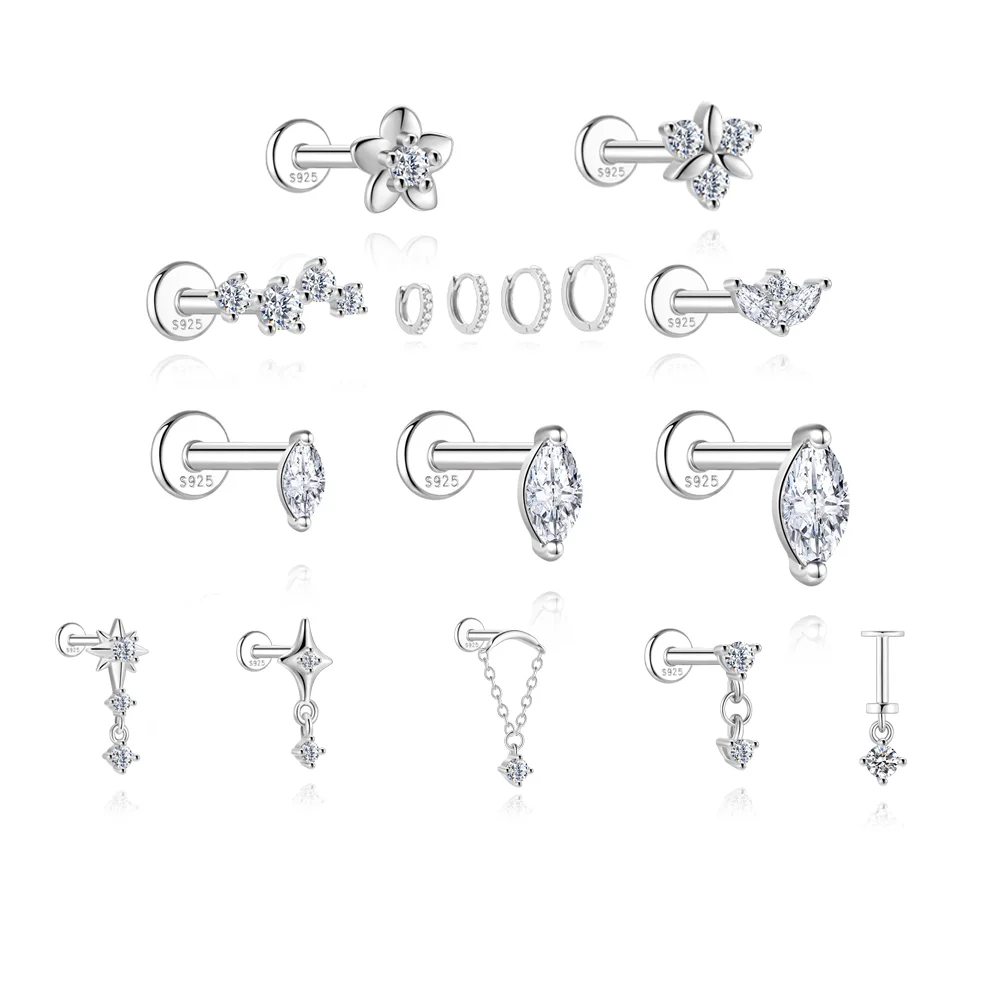 CANNER 925 Sterling Silver Rivet  Zircon Flat Head Ear Bone Piercing For Women Geometric Horse Eyes Party Jewelry Birthday Gifts