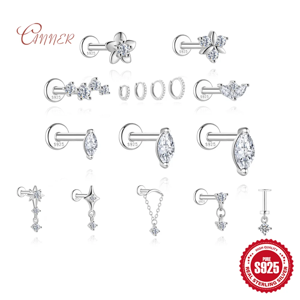 CANNER 925 Sterling Silver Rivet  Zircon Flat Head Ear Bone Piercing For Women Geometric Horse Eyes Party Jewelry Birthday Gifts
