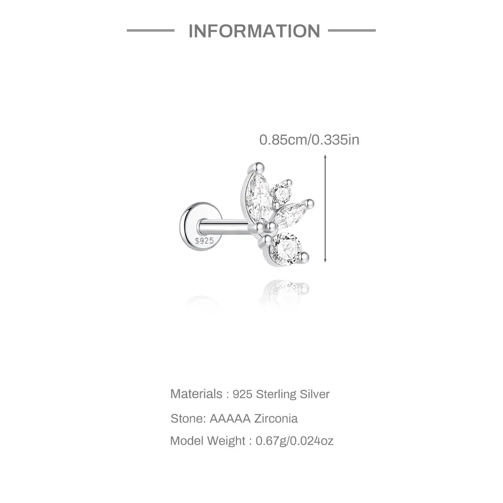 CANNER 925 Sterling Silver Rivet  Zircon Flat Head Ear Bone Piercing For Women Geometric Horse Eyes Party Jewelry Birthday Gifts