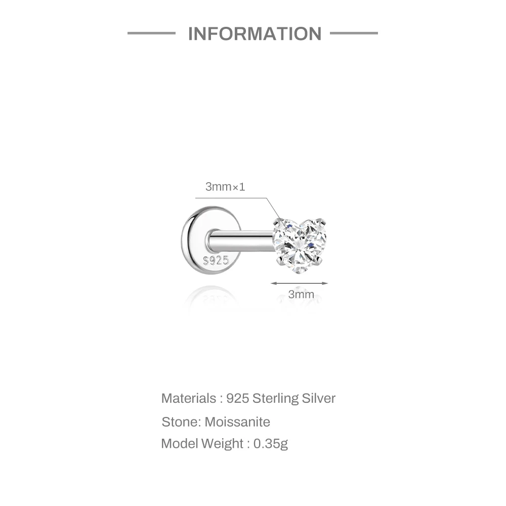 CANNER 925 Sterling Silver Rivet  Zircon Flat Head Ear Bone Piercing For Women Geometric Horse Eyes Party Jewelry Birthday Gifts