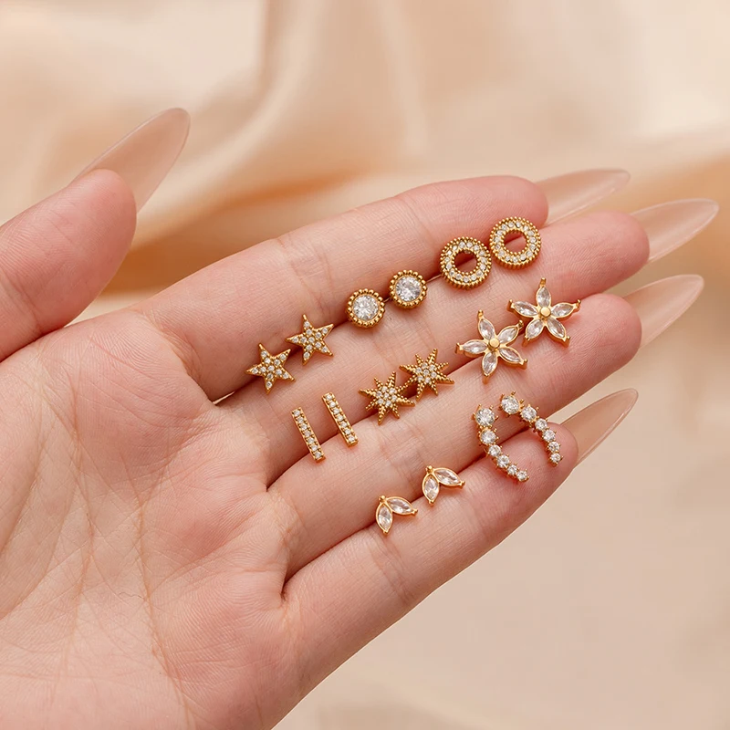 316L Stainless Steel Ear Needle Zircon Star Flower Round Stud Earrings Woman Geometric Gold Color Huggie Daily Female Jewelry