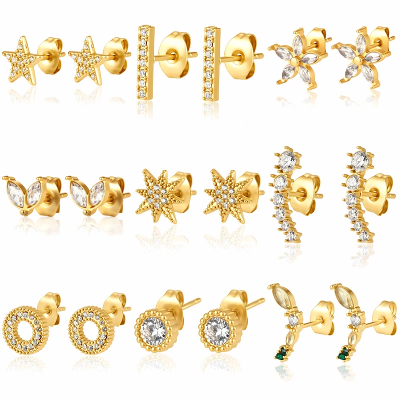 316L Stainless Steel Ear Needle Zircon Star Flower Round Stud Earrings Woman Geometric Gold Color Huggie Daily Female Jewelry